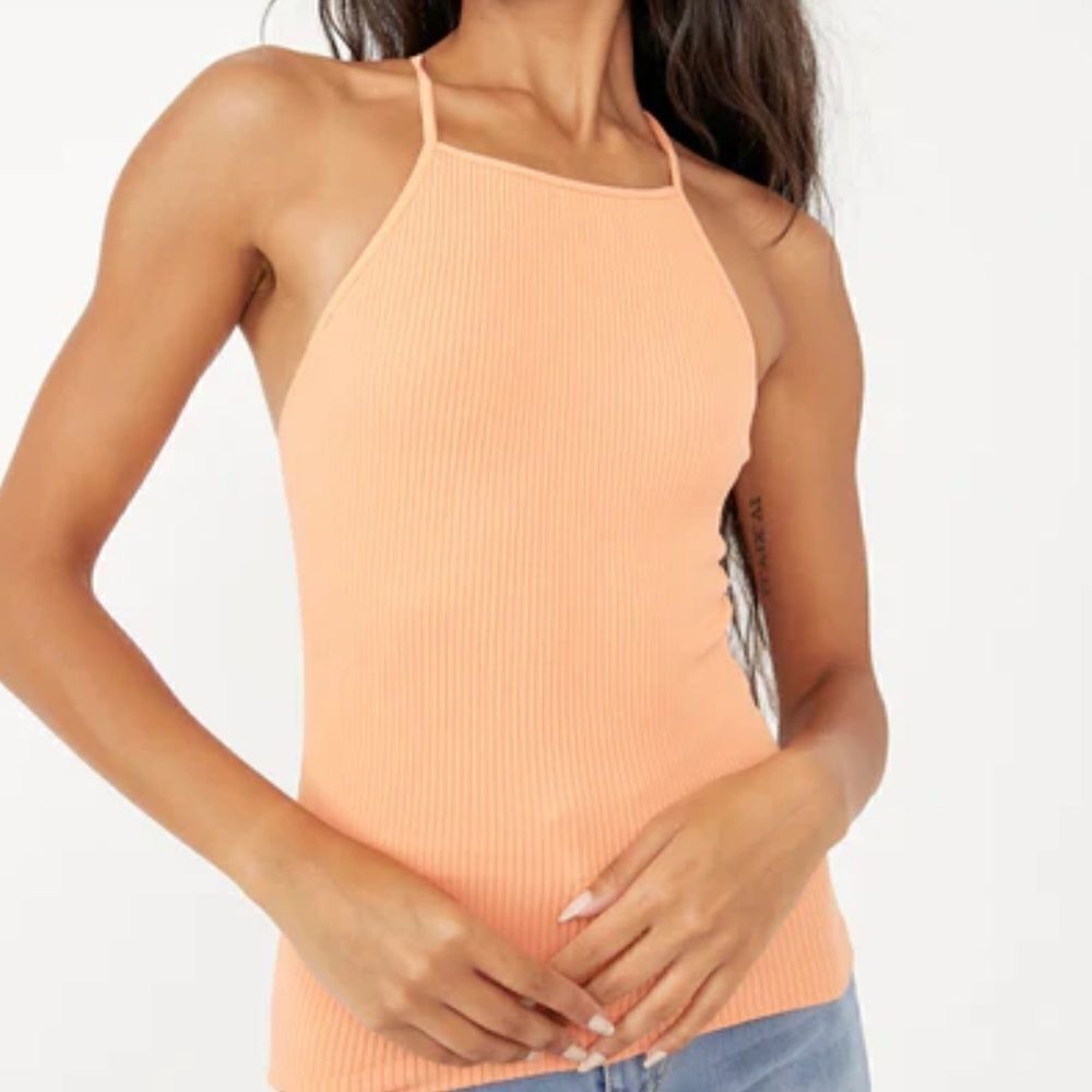 Free People Mmkay Seamless Tank Mango Ribbed High Neck Crisscross M/L *